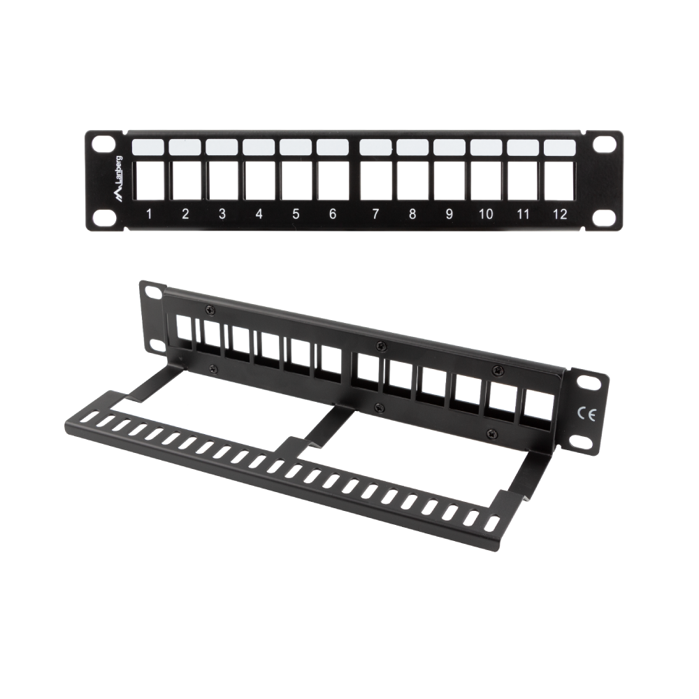 Panel patchowy 12-portowy 1U 10" – pusty, keystone, metalowy | UTP / FTP, czarny / szary