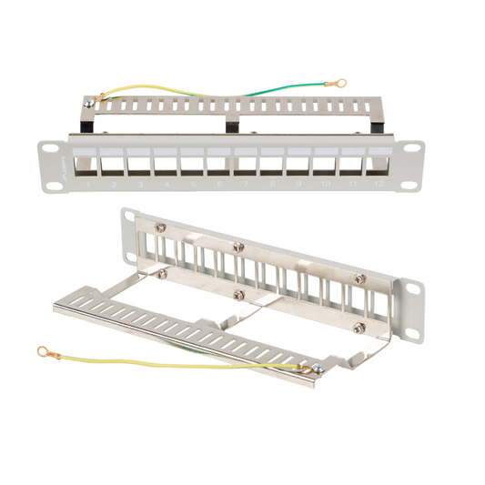 Panel patchowy 12-portowy 1U 10" – pusty, keystone, metalowy | UTP / FTP, czarny / szary