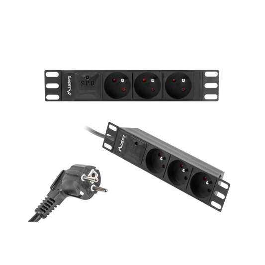 Listwa zasilająca PDU 1U RACK 10" – 3x230V, 2m, 16A, z bolcem i zabezpieczeniem | czarna