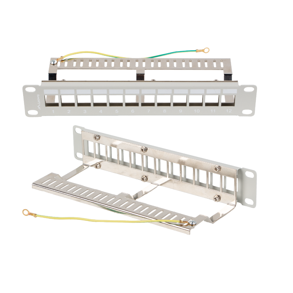 Panel patchowy 12-portowy 1U 10" – pusty, keystone, metalowy | UTP / FTP, czarny / szary