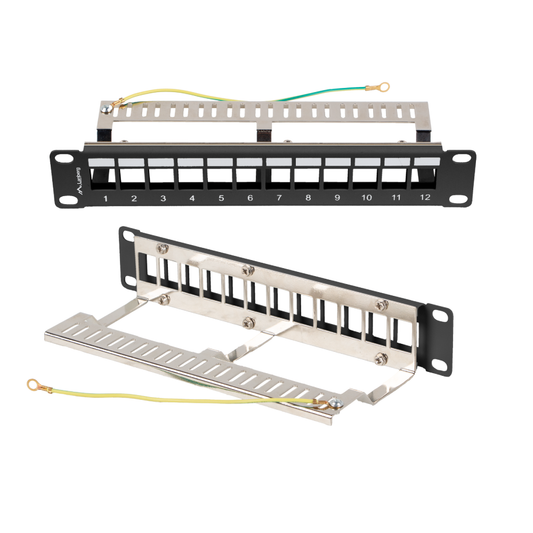 Panel patchowy 12-portowy 1U 10" – pusty, keystone, metalowy | UTP / FTP, czarny / szary