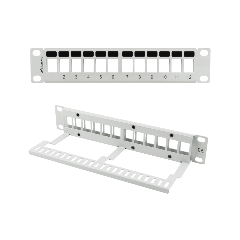 Panel patchowy 12-portowy 1U 10" – pusty, keystone, metalowy | UTP / FTP, czarny / szary