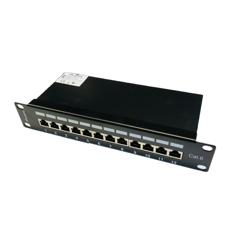 Patch panel 12-portowy 1U 10" – KAT.6 FTP ekranowany z organizerem | czarny / szary